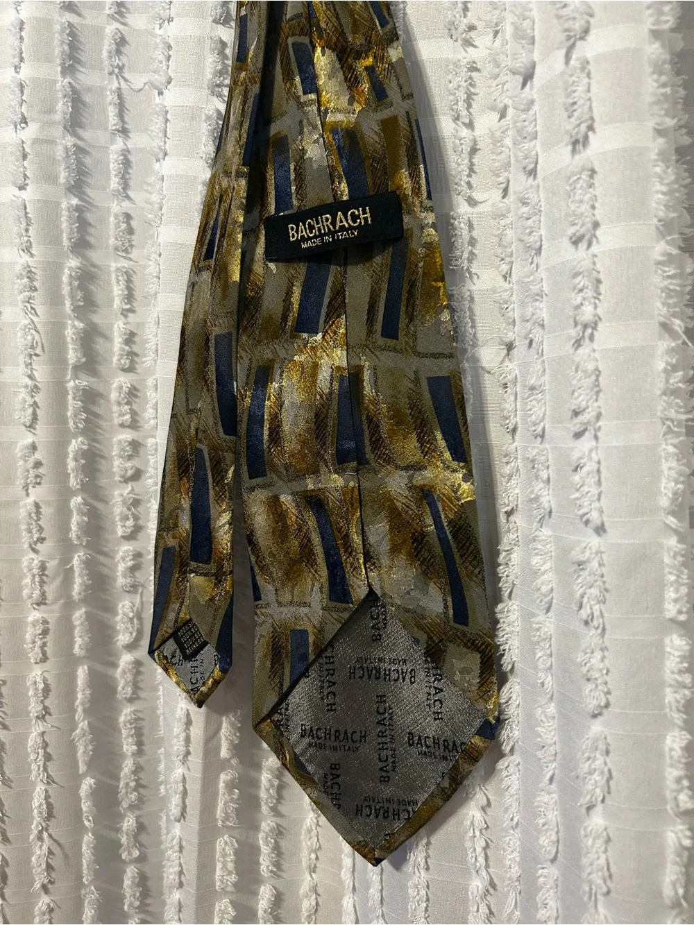 Bachrach 100% Silk Geometric Pattern Men's Tie in Blue and Gold